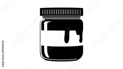 A monochrome illustration features a jar with a ribbed lid. Dark substance drips down the glass