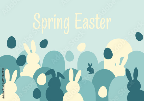 Spring Easter illustration with colorful rabbits and eggs on a soft background
