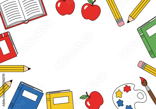 School supplies and apples on a white background with copy space
