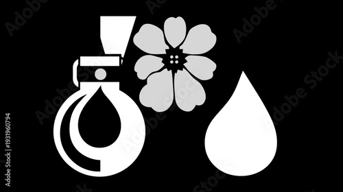 Stylized, minimalist vector art features a distilling device, a flower, and a water droplet on black