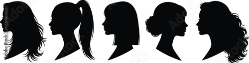 Silhouettes of female profiles with diverse hairstyles including ponytail, bun, curls, bangs, and waves symbolizing fashion, beauty, and style illustration