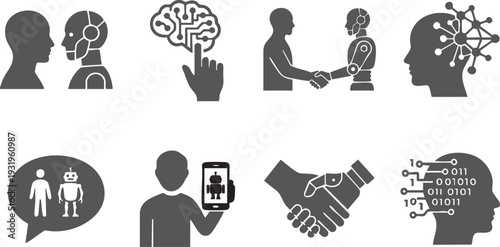 Vector silhouette illustration of human interacting with artificial intelligence avatar