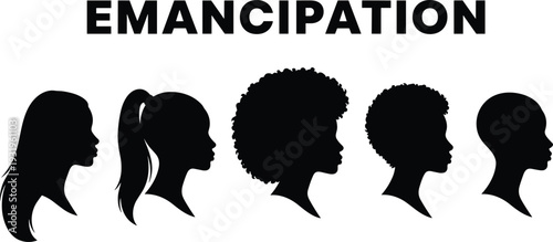 Silhouettes of female profiles with evolving hairstyles under emancipation text symbolizing freedom, empowerment, transformation, identity, liberation, and self-expression illustration