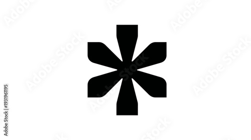A black, symmetrical, asterisk-like shape against a white background. It features rounded petals