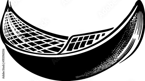 Stylized, crescent-shaped, graphic illustration with a net-like structure