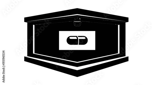 Black and white illustration of a hexagonal chest, revealing a pill icon within it