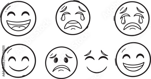A set of black ink hand-drawn emoticons on a white background. This collection includes a range of emotions such as deep sadness, joyful laughter, and smiling faces.