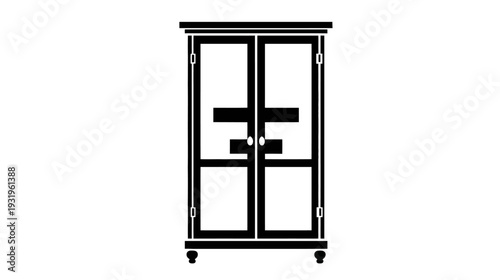 Black and white illustration of a classic wardrobe with glass-paneled doors on a white background