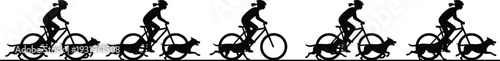 Silhouettes of person riding bicycle alongside running dog in sequential motion frames symbolizing activity, companionship, exercise, progression, and dynamic movement illustration