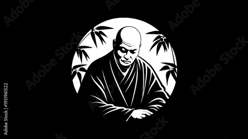 A bald figure in traditional robes is enclosed in a white circle with bamboo