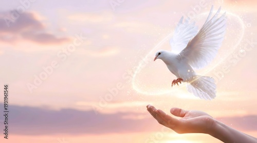 White Dove Flying from Human Hand.
