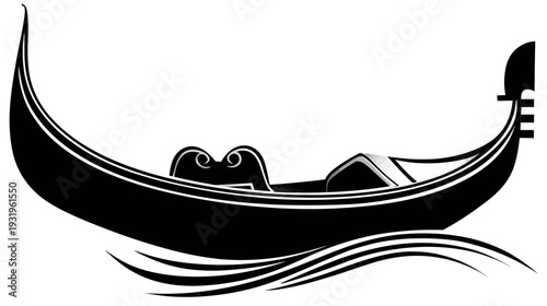 Black and white illustration of a gondola with stylized waves on a white background
