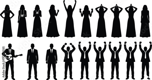 Silhouettes of wedding party with women in dresses and men in suits celebrating, clapping, playing guitar symbolizing joy and festivity illustration