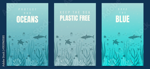 Environmental awareness poster set with protect our oceans and save the blue slogans vector illustration