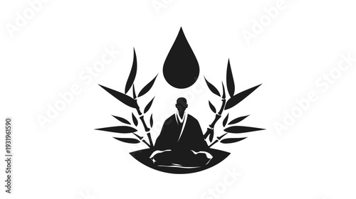 A meditative figure in a robe, seated under a teardrop, framed by bamboo stalks