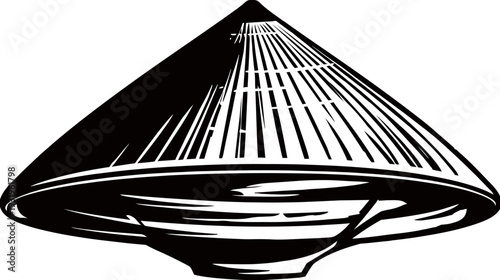 A black and white stylized illustration of a traditional conical hat