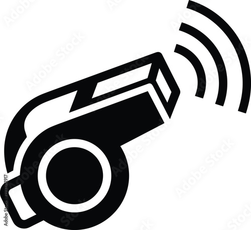 Black whistle icon with sound waves representing sports referee signals, emergency alerts, corporate whistleblowing, public safety notification, and athletic competition or game coaching symbol.