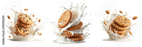 Set of Multiple chocolate chip cookies falling into milk creating splash on transparent png background. Ai generated