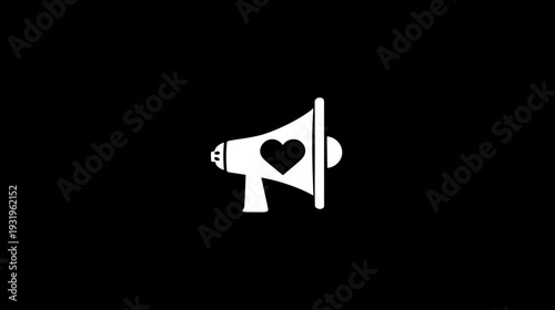 A white megaphone with a black heart in the middle, set against a solid black background