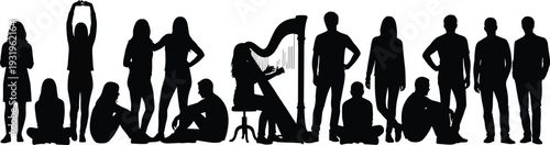 Silhouetted group of fifteen people in diverse poses including musician playing harp symbolizing art, community, diversity, creativity, and interaction illustration