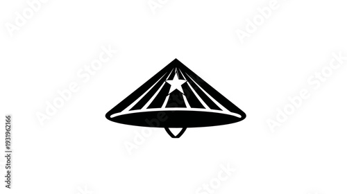 A black and white abstract geometric design featuring a star at the apex of a conical form