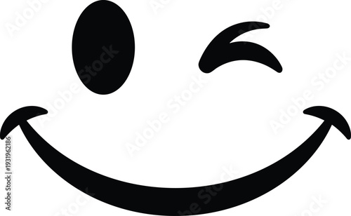 Black winking smiley face vector illustration featuring a happy smiling mouth and wink expression for minimalist emoji design social media and positive communication projects.
