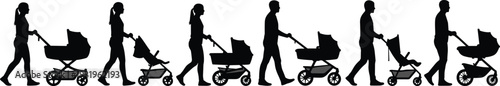 Silhouettes of adults pushing baby strollers in diverse styles symbolizing parenting, childcare, family roles, design variety, and everyday activity illustration