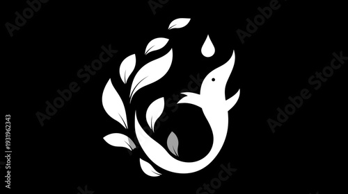 A stylized white creature with leaves and a water droplet against a black background