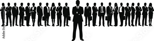Silhouettes of business professionals in suits with briefcases and central leader figure symbolizing teamwork, leadership, corporate unity, and professional success illustration