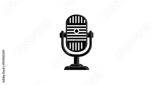 A stylized black and white microphone. Classic design with vertical and horizontal lines