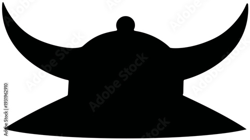 Black graphic silhouette featuring a horned shape, with a rounded base.  It stands alone