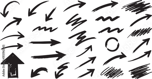 A versatile collection of loose, hand-drawn black ink arrows and scribbled pointers. Includes various styles such as curved, zigzag and thick directional markers along with expressive scribble texture