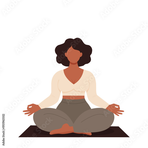 Plus size woman meditating in lotus pose curvy girl wellness flat vector illustration.