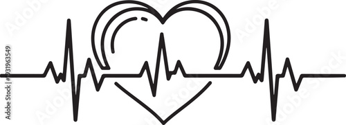 A clean, black-and-white vector graphic featuring a minimalist heart outline integrated with a heartbeat EKG pulse line. This design is perfect for medical branding, and cardiology-related projects.