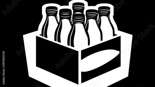 Black and white illustration depicts six bottles of a beverage in a rectangular box