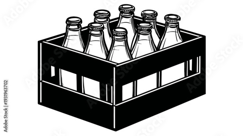 A black and white illustration of a six-pack of bottles within a wooden container
