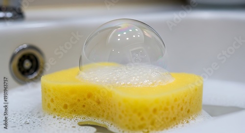 A yellow sponge being rinsed under running water in a sink
