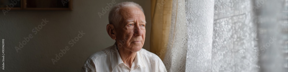Fototapeta premium Elderly caucasian male reflecting by window in thoughtful mood