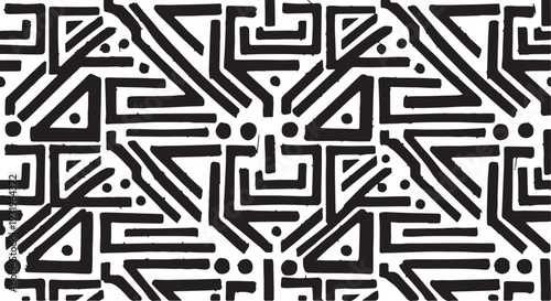 A seamless-style repetitive pattern featuring bold black lines, triangles, and dots. This hand-drawn geometric design combines ethnic tribal aesthetics with modern linear art, suitable for textiles.