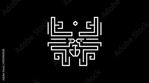 Symmetrical white linear geometric design on black background, resembling a stylized creature or symbol