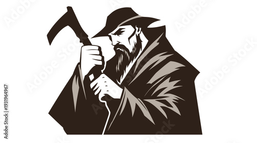 A stern figure with a long beard and hat grips a scythe, looking to the side
