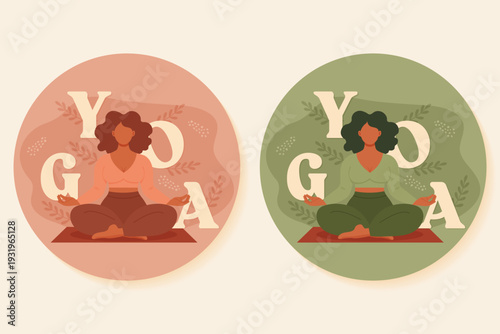 Plus size woman yoga stickers set curvy girl body positive badge vector illustration.