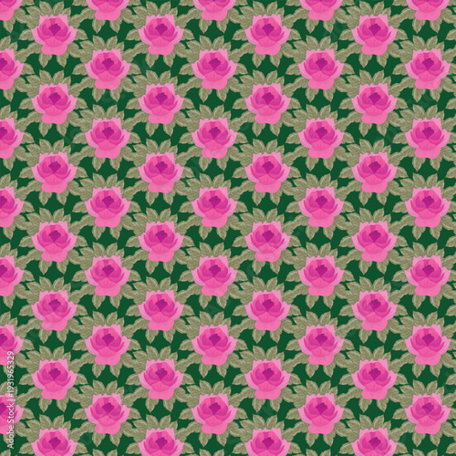 Seamless floral pattern with pink roses on dark green background