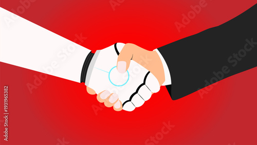 Human and robot shaking hands concept vector illustration. Artificial intelligence business partnership and future technology integration.