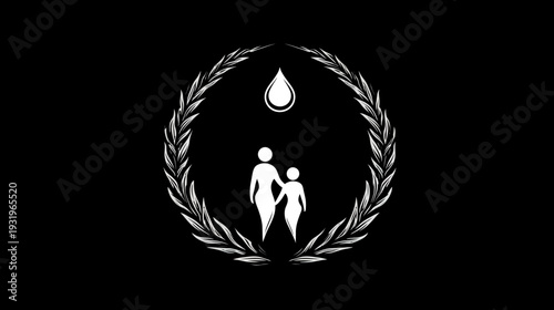 A white silhouette illustration on black background featuring a water drop, and two figures