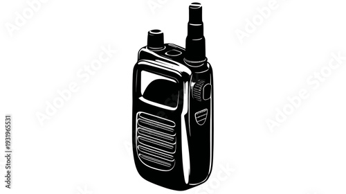 A monochrome illustration of a handheld radio with an antenna and controls, isolated on white