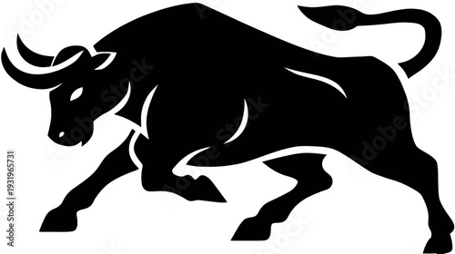 A dynamic, stylized silhouette of a charging bull in solid black against a white background