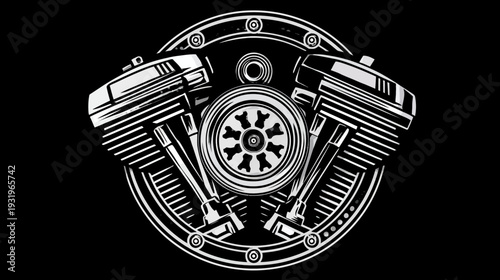 Monochrome vector illustration of a V-twin engine, stylized with circular elements