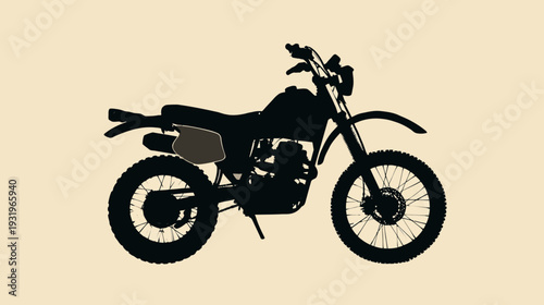Black off-road motorcycle silhouette on a beige backdrop, side view, ready for an adventure