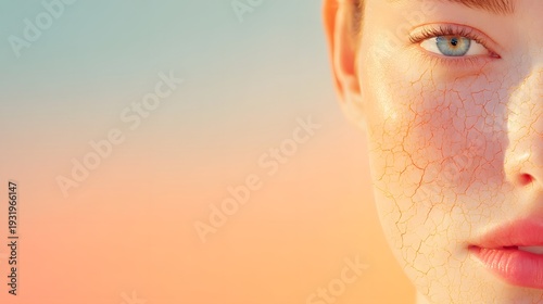 A woman with dry skin and a blue eye